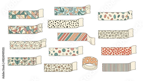 Collection of decorative washi tapes with various patterns and designs for crafting.