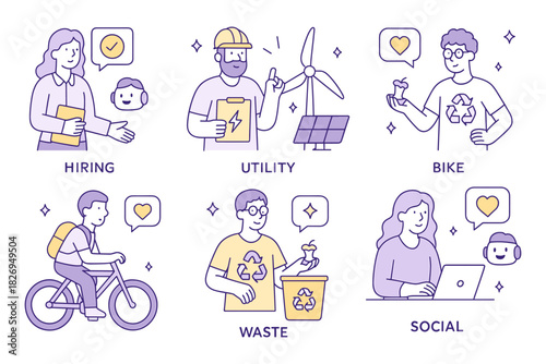 Eco-friendly lifestyle concepts with renewable energy and recycling in modern linear design