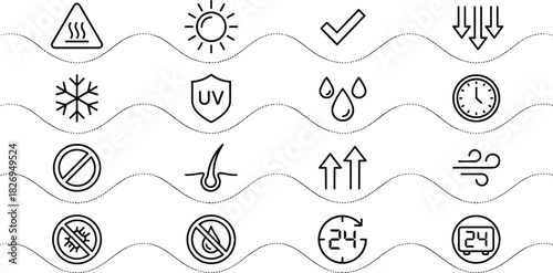 Product instructions, care labels, laundry symbols, and packaging warnings vector line icon set, including sun, heat, UV, humidity, time, and safety