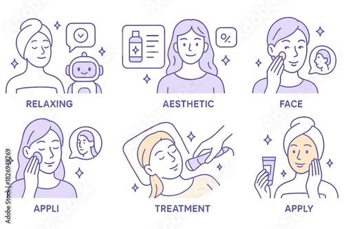 Steps for a facial skin care routine with outline style illustrations
