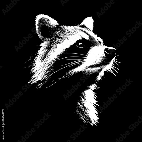 Artistic black and white portrait of a raccoon looking upwards