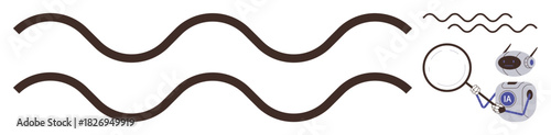 Wavy lines alongside magnifying glass and scanning equipment emphasizing detail, observation, and analysis. Ideal for diagnostics, research, lab testing, science, inquiry, precision simple flat