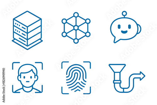 Technology icons set featuring artificial intelligence and biometric identification