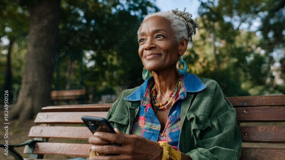 Fototapeta premium Older woman sitting on park bench using smartphone