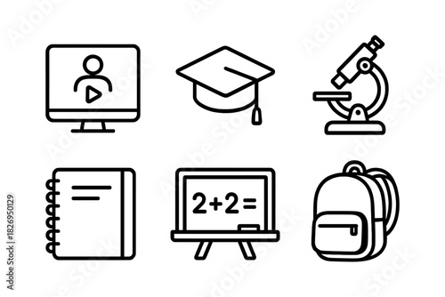 Educational icons set: graduation cap, microscope, chalkboard, backpack, notebook, video call