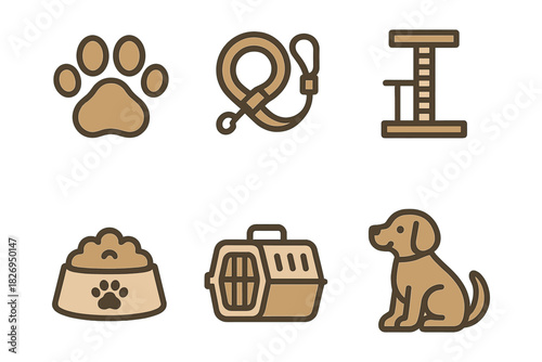 Pet care essentials icons set: leash, paw print, scratching post, food bowl, carrier, dog