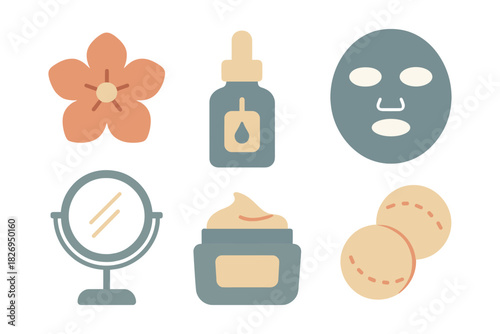 Minimalist skincare essentials icons featuring creams, serums, and accessories