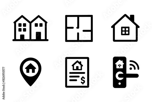 Minimalist real estate icons: house, blueprint, location, listing, keyless entry