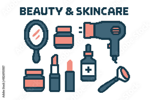 Pixel art beauty and skincare icons featuring hairdryer, lipstick, and mirror