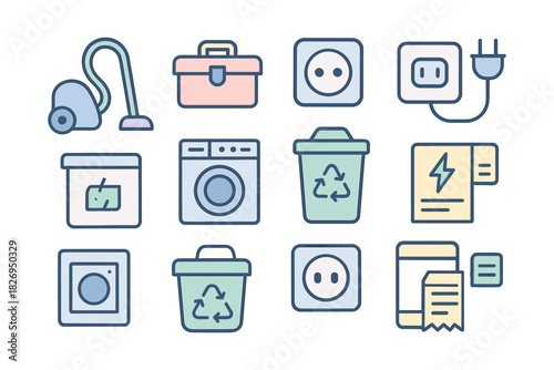 Household appliance line art icons for energy efficiency and recycling
