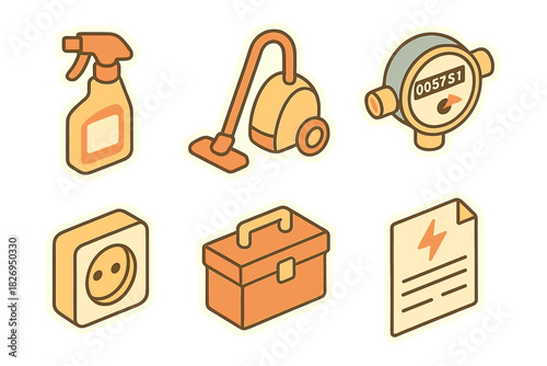 Household tools and equipment isometric icons for maintenance and energy