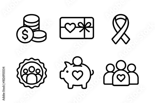 Charity and fundraising icons for community support and giving initiatives
