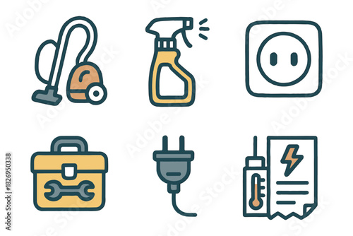 Home maintenance icons: vacuum, spray bottle, power outlet, toolbox, plug, thermometer