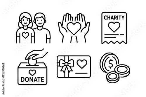Minimalist charity icons collection for donation and volunteering