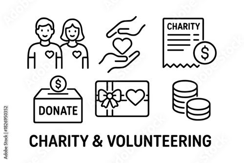 Charity and volunteering icons set: donation, support, and giving themes