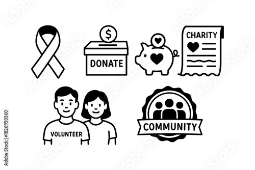 Charity and volunteering icons depicting community support and donation concepts