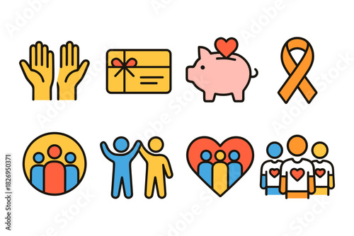 Charity and support icons in modern flat design for community and fundraising themes