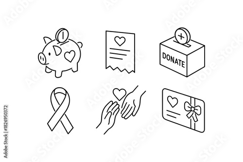 Minimalist charity icons set featuring donation box, ribbon, and piggy bank