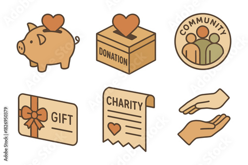 Donations and charity icons set featuring piggy bank, gift card, and helping hands