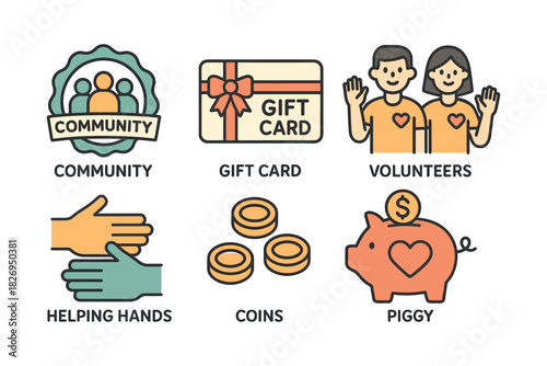 Charity icons collection featuring community, volunteers, and donation symbols