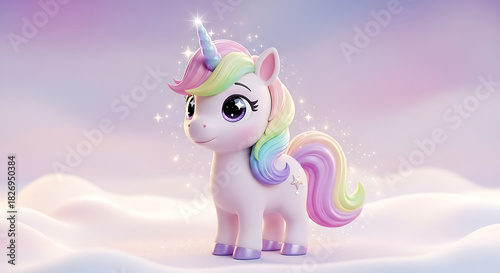 A charming unicorn with rainbow mane and tail stands on a cloud with a sparkling horn and big eyes