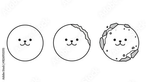 Cute cartoon character evolution from smooth sphere to cratered moon.