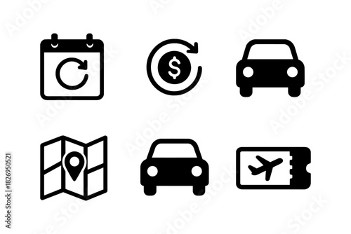 Simple travel and finance icons set with car, calendar, map, and ticket symbols