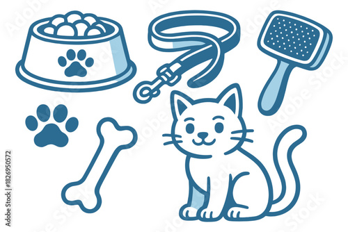 Cute pet essentials: cat, bowl, leash, bone, brush, paw print