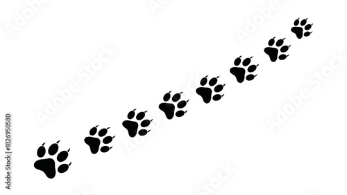 Diagonal trail of black animal paw prints on a white background.