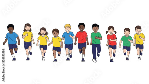 Diverse group of children running together in a race.