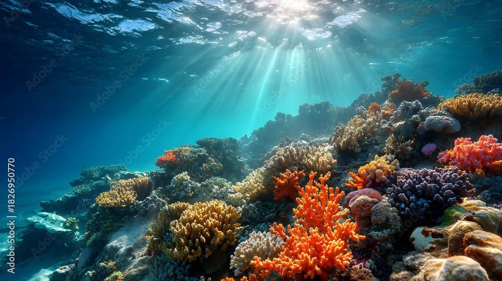 Fototapeta premium Vibrant underwater ecosystem showcases diverse coral growth beneath sunlit ocean surface