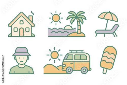 Minimalist summer icons: beach, palm tree, ice cream and more travel adventures