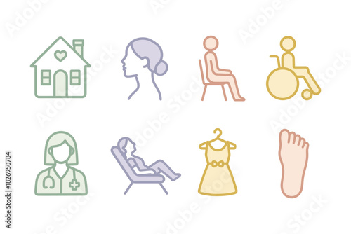 Minimalist pastel icons: home, family, healthcare, fashion, and wellness