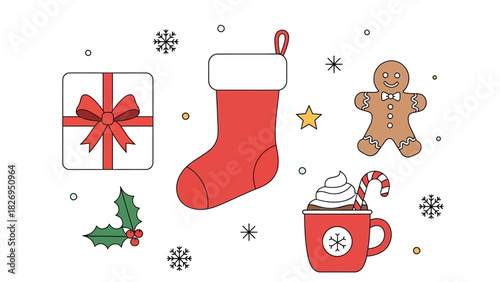 Festive Christmas Decorations - Gift, Stocking, Gingerbread Man, Holly, and Drink.