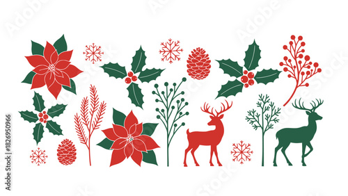 Festive Christmas Elements - Poinsettias, Holly, Deer, and Pine Cones.