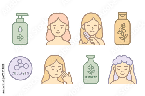Pastel skincare and haircare icons featuring women and beauty products