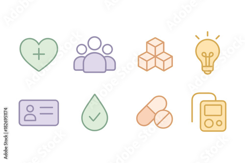 Minimalist line icons: health, community, innovation, and technology set