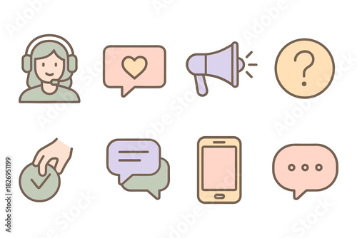 Minimalist communication icons: customer support, chat, messaging, and mobile
