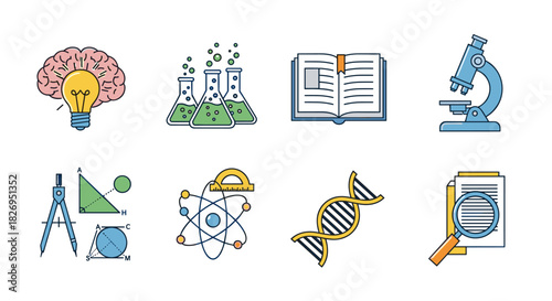 Science and education icons set with brain, dna, microscope, and chemistry elements