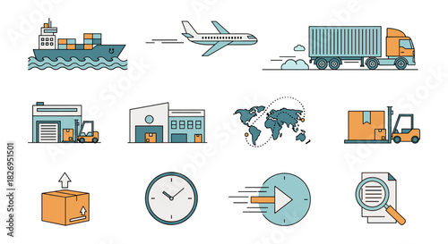 Global shipping and logistics icons in flat design featuring transportation and warehouse elements