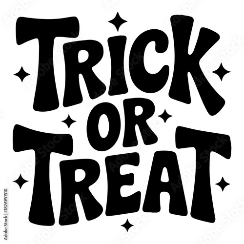 Illustration of the text trick or treat in a bold black font with stars scattered around the text art