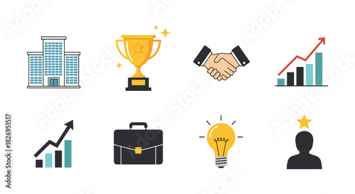 Business and success icons: trophy, handshake, growth chart, light bulb, briefcase