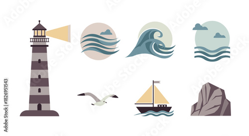 Nautical elements with lighthouse, waves, and sailboat in minimalist style
