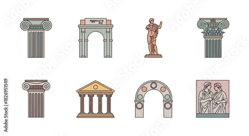 Ancient architectural elements: columns, arches, and statues in line art style