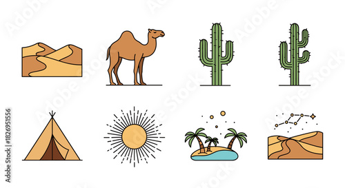 Desert adventure icons: camel, cactus, teepee, sun, oasis, constellation