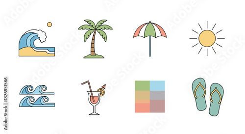 Colorful summer icon set with waves, palm, and beach elements