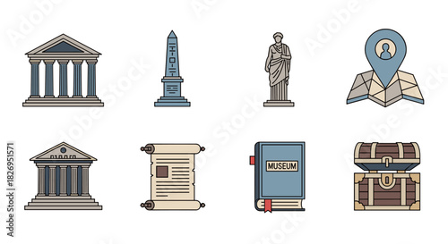 Archaeology icons: ancient landmarks, artifacts, and navigation in colorful line art
