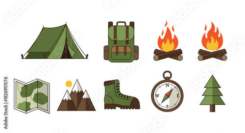 Outdoor adventure icons: camping gear with tent, backpack, map, compass, and campfire