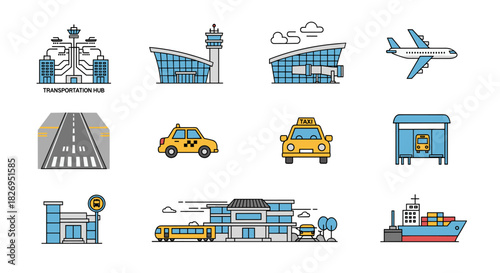 Urban transportation icons featuring airport, train station, taxi, and harbor in linear style