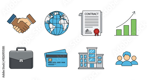 Business icon set featuring handshake, globe, contract, and more in flat design